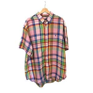 Ralph Lauren Men's Linen Button Up Shirt Short Sleeve Plaid Pink Multi XXL